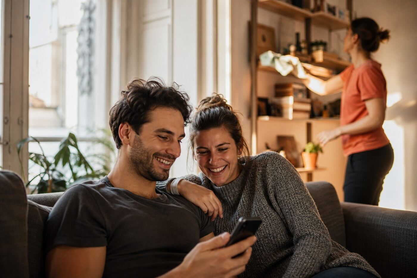 Zwei Menschen entspannt auf dem Sofa, während ein Profi im Hintergrund arbeitet