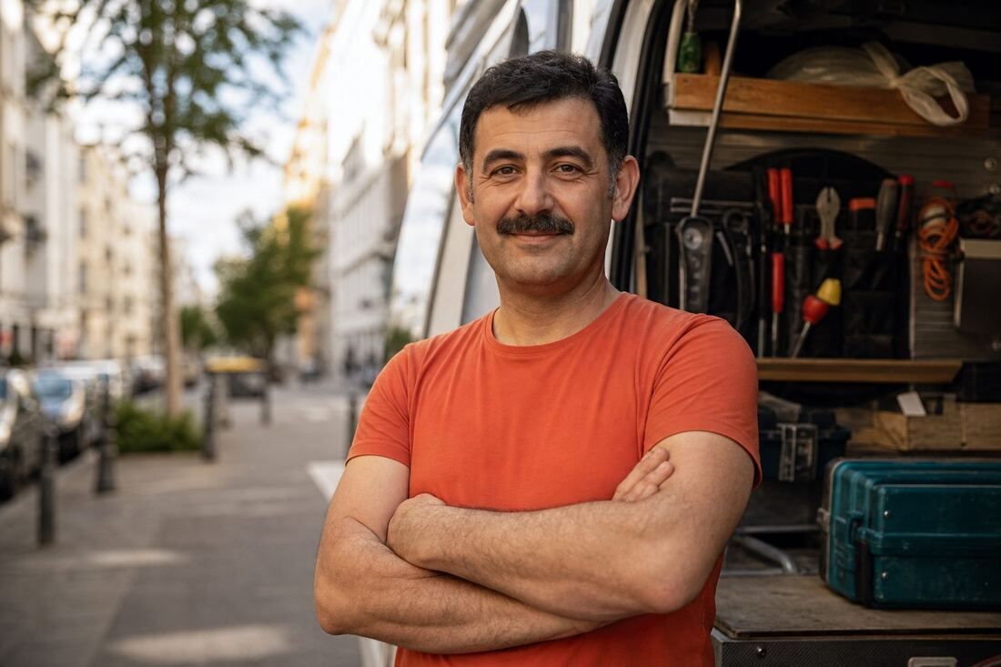 Handwerker im Schwupps-Shirt vor seinem Transporter